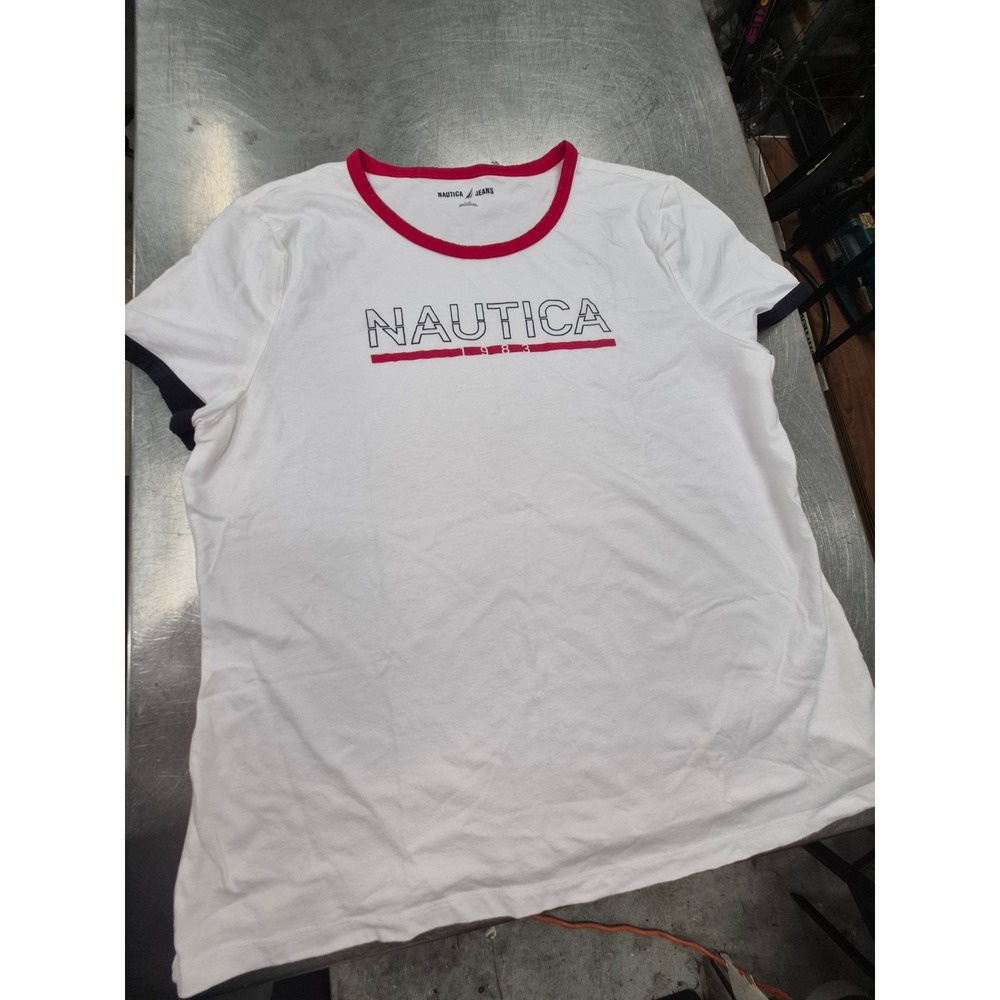 Nautica Jeans White Graphic Tee Red Trim Short‎ Sleeve Top Large